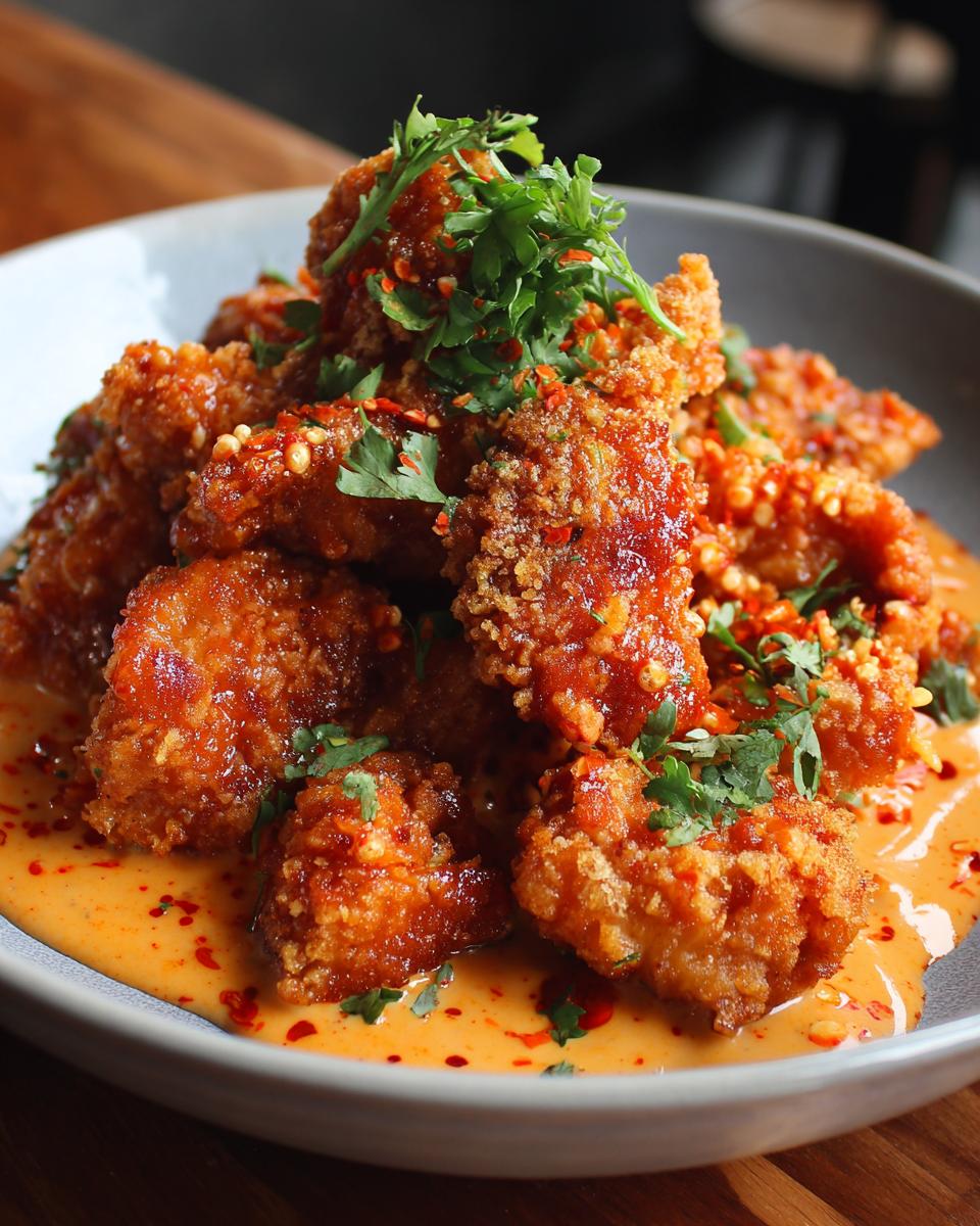 A plate of crispy Bang Bang Chicken, drizzled with sauce and garnished with fresh cilantro.