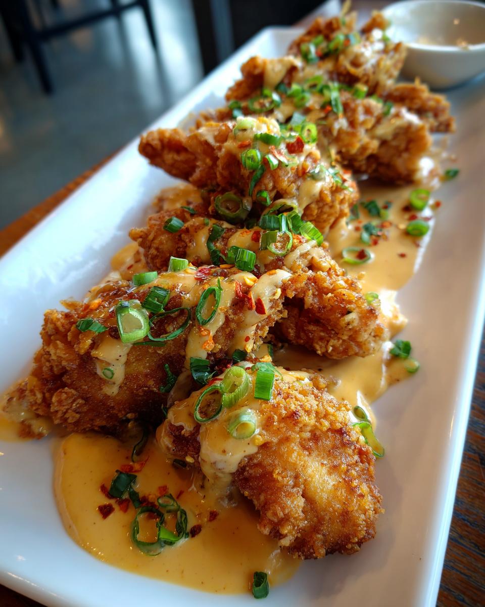 Crispy Bang Bang Chicken pieces drizzled with sauce and garnished with green onions and red pepper flakes on a white platter.