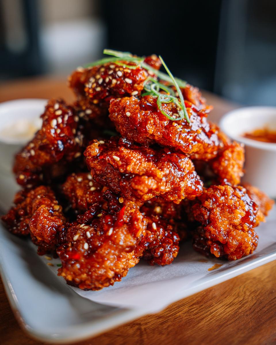 A tempting platter of Bang Bang Chicken, glazed with a sweet and spicy sauce, topped with sesame seeds and green onions.