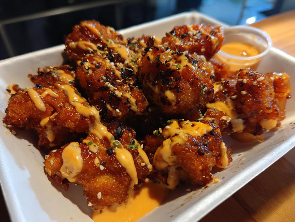 Close-up of Bang Bang Chicken pieces drizzled with sauce and sprinkled with sesame seeds, ready to eat.