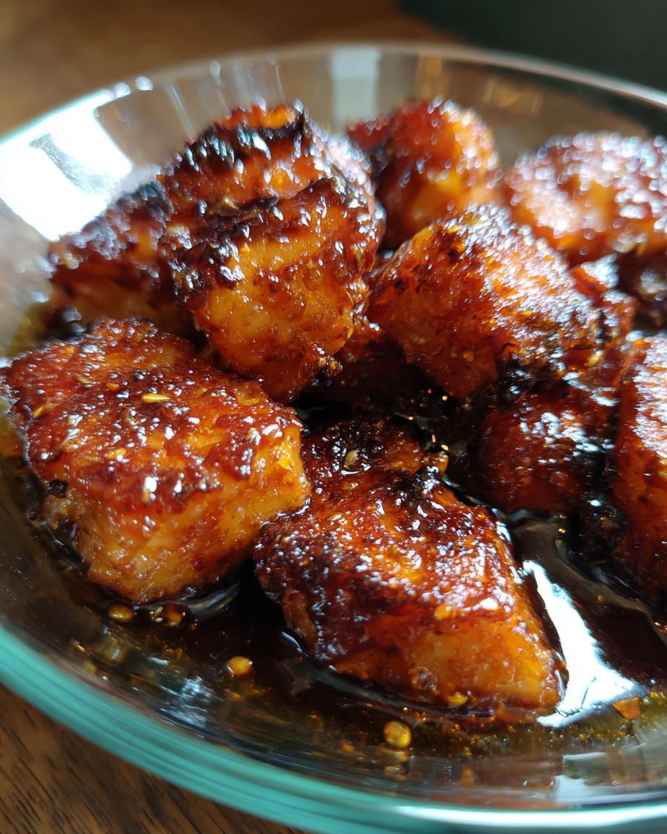 Close-up of glazed Bang Bang Salmon Bites in a glass bowl, showcasing the sauce and texture.