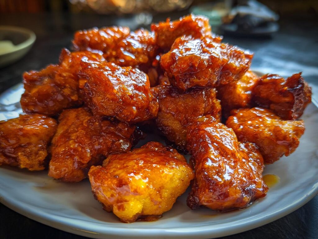 A plate piled high with glistening Bang Bang Salmon Bites, coated in a rich, flavorful sauce.