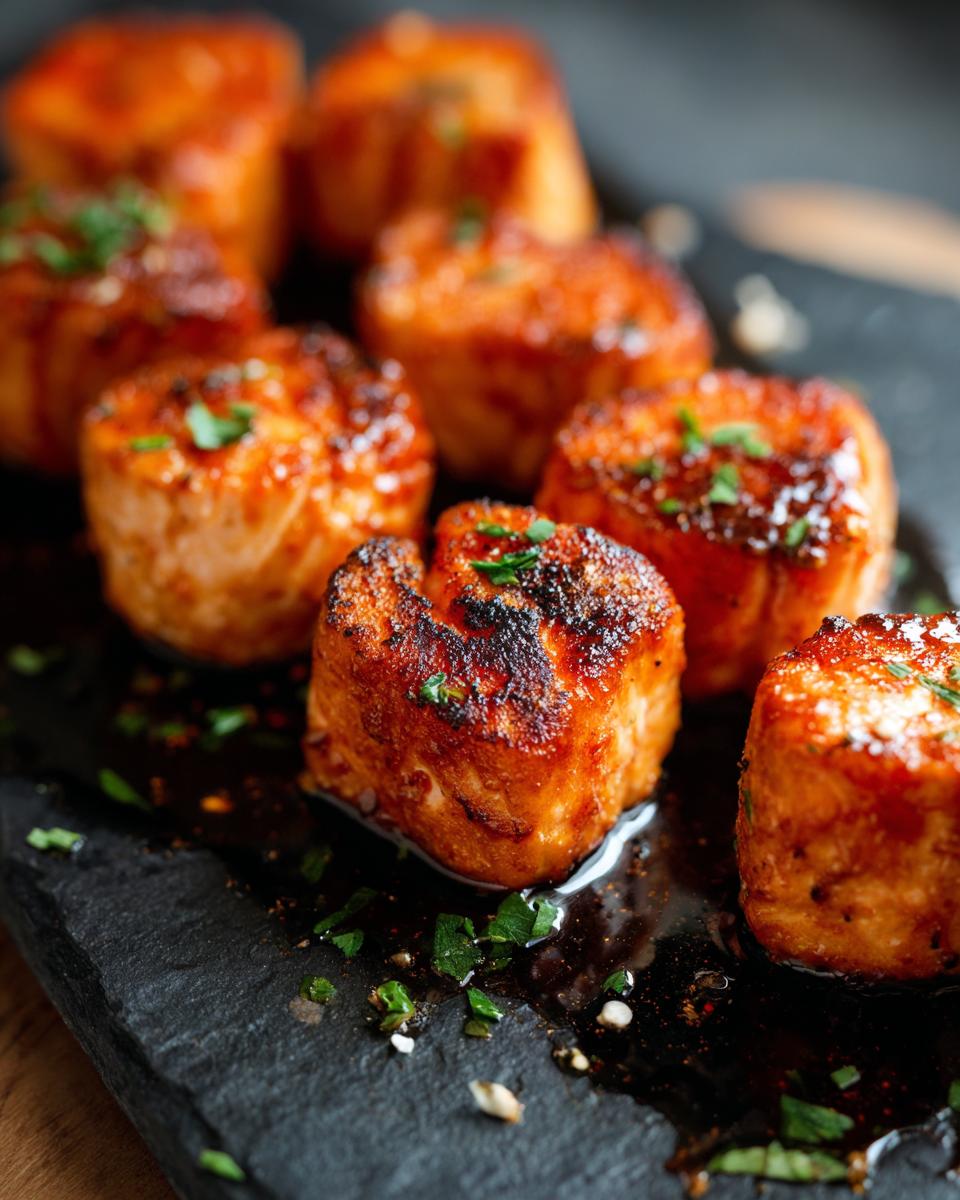 Close-up of several Bang Bang Salmon Bites on a dark slate plate, garnished with fresh herbs.