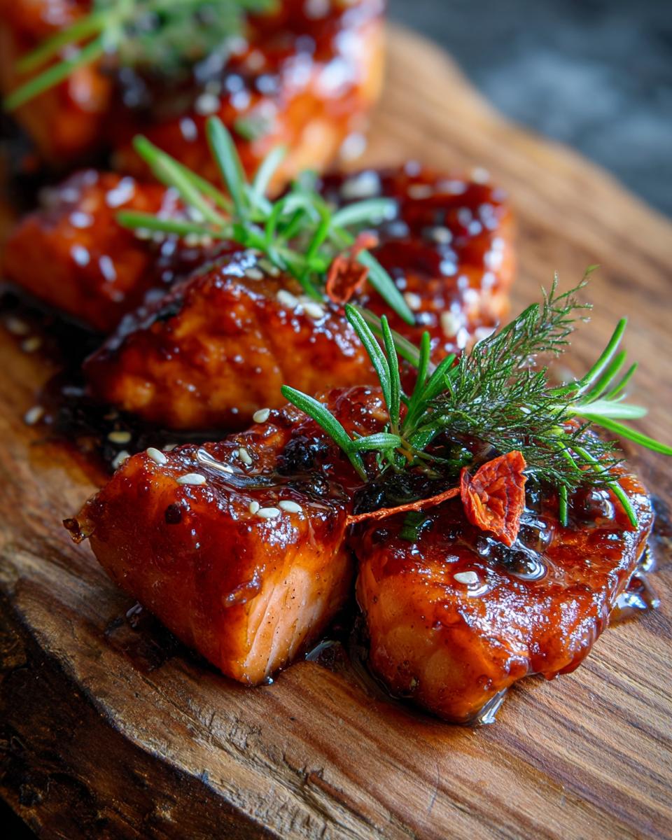 Close-up of glazed Bang Bang Salmon Bites on a wooden board, garnished with herbs and sesame seeds.