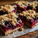 Close-up of several homemade berry crumble bars on parchment paper. Delicious berry crumble bars.