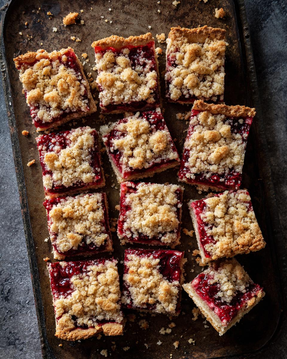 Overhead view of homemade Berry Crumble Bars on a rustic baking sheet, featuring a golden crumble topping and berry filling.
