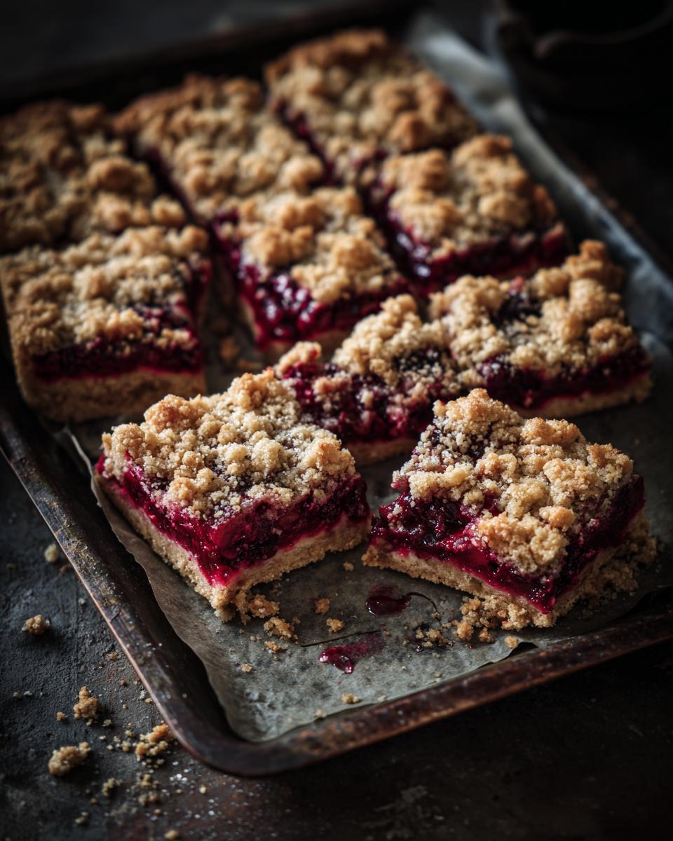 Freshly baked Berry Crumble Bars cooling on a baking sheet, showcasing the berry filling and crumble topping.