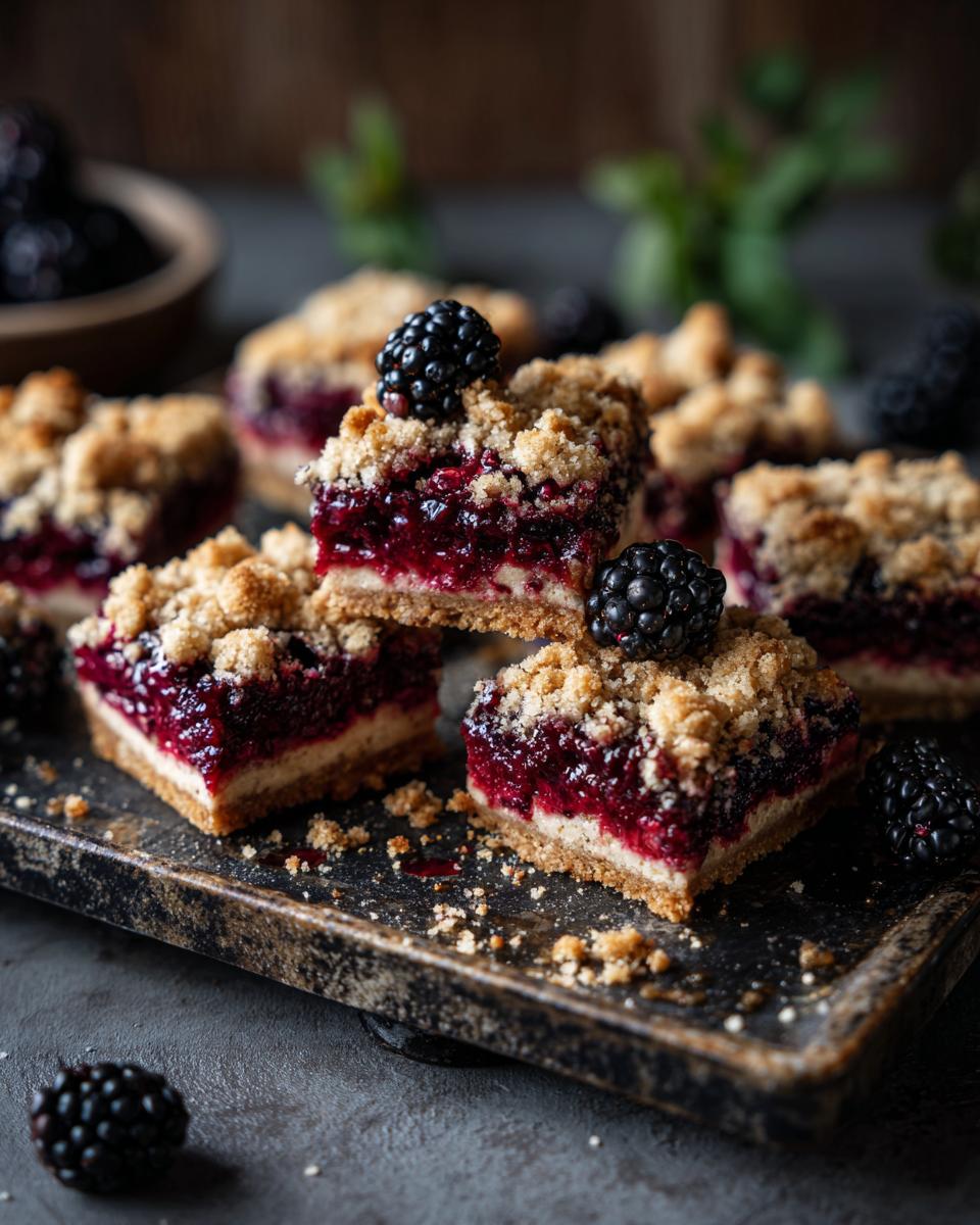 Several homemade Berry Crumble Bars topped with fresh blackberries on a rustic tray.