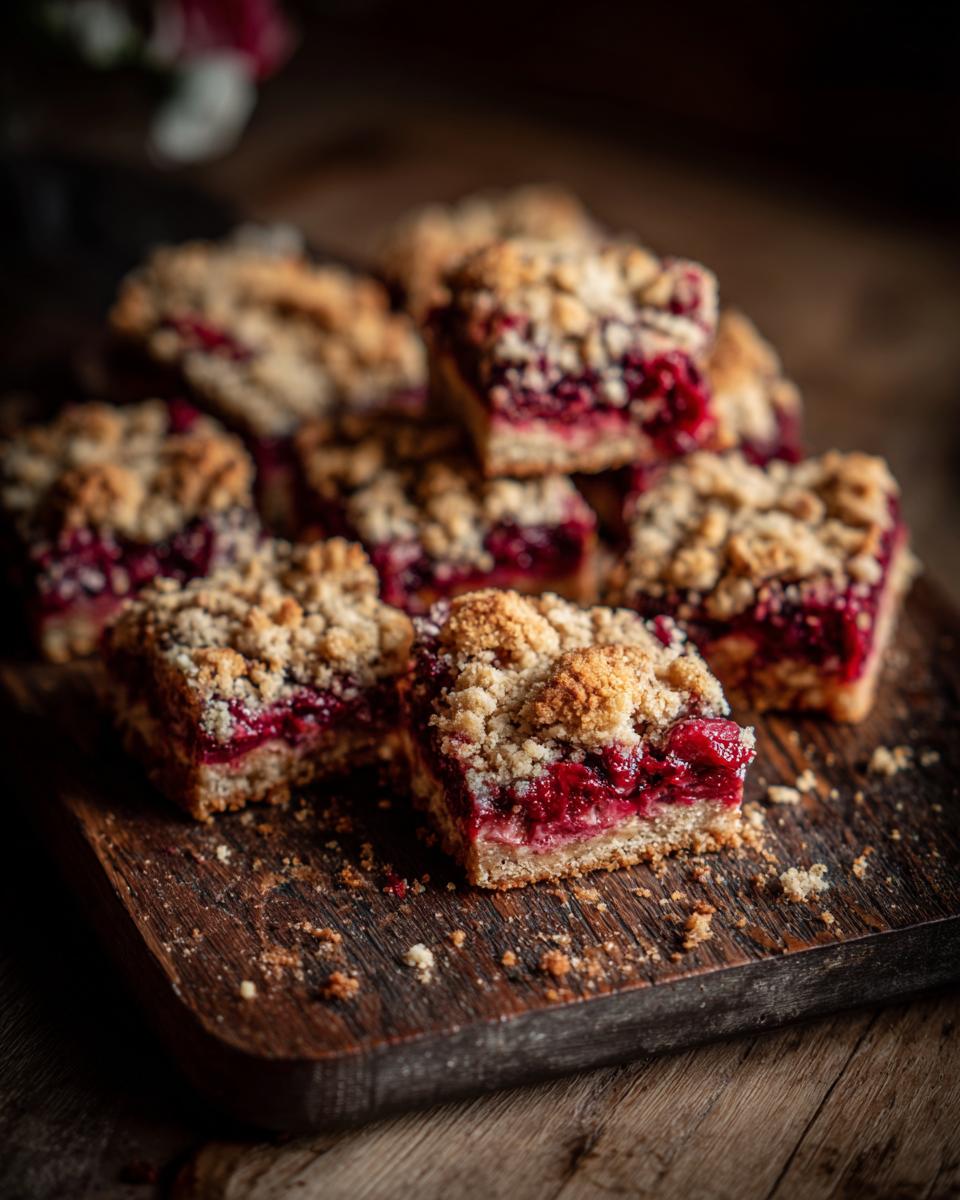 A pile of homemade Berry Crumble Bars with a golden crumble topping on a rustic wooden board.