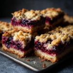 A stack of homemade Berry Crumble Bars with a golden crumble topping and a rich berry filling.