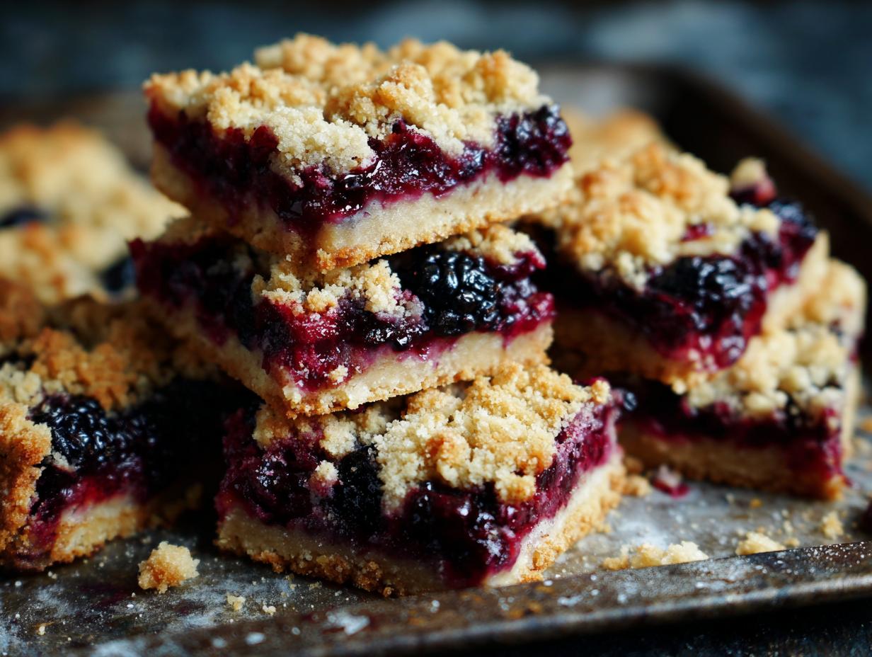 A stack of homemade Berry Crumble Bars with a buttery crumble topping and juicy berry filling.