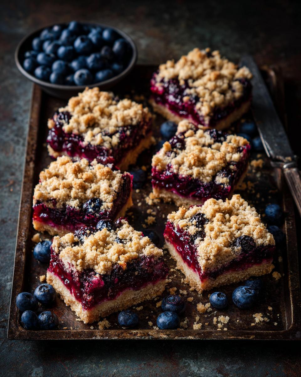 Several square Berry Crumble Bars with a crumb topping, arranged on a rustic baking sheet with scattered blueberries.