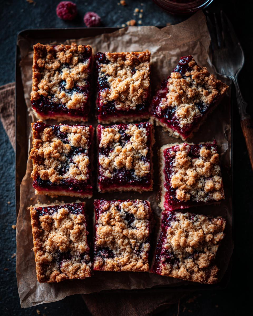 Overhead shot of freshly baked Berry Crumble Bars arranged on parchment paper on a dark tray.