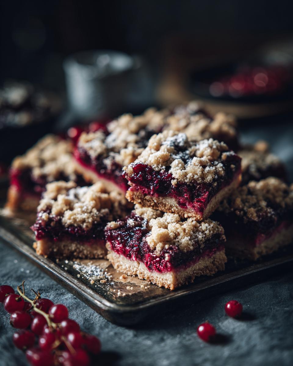 Several homemade berry crumble bars stacked on a vintage tray, showcasing the layers of fruit and crumble topping.