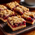 Close-up of homemade Berry Crumble Bars on a wooden serving board, showcasing the layers of crust, berry filling, and crumble topping.