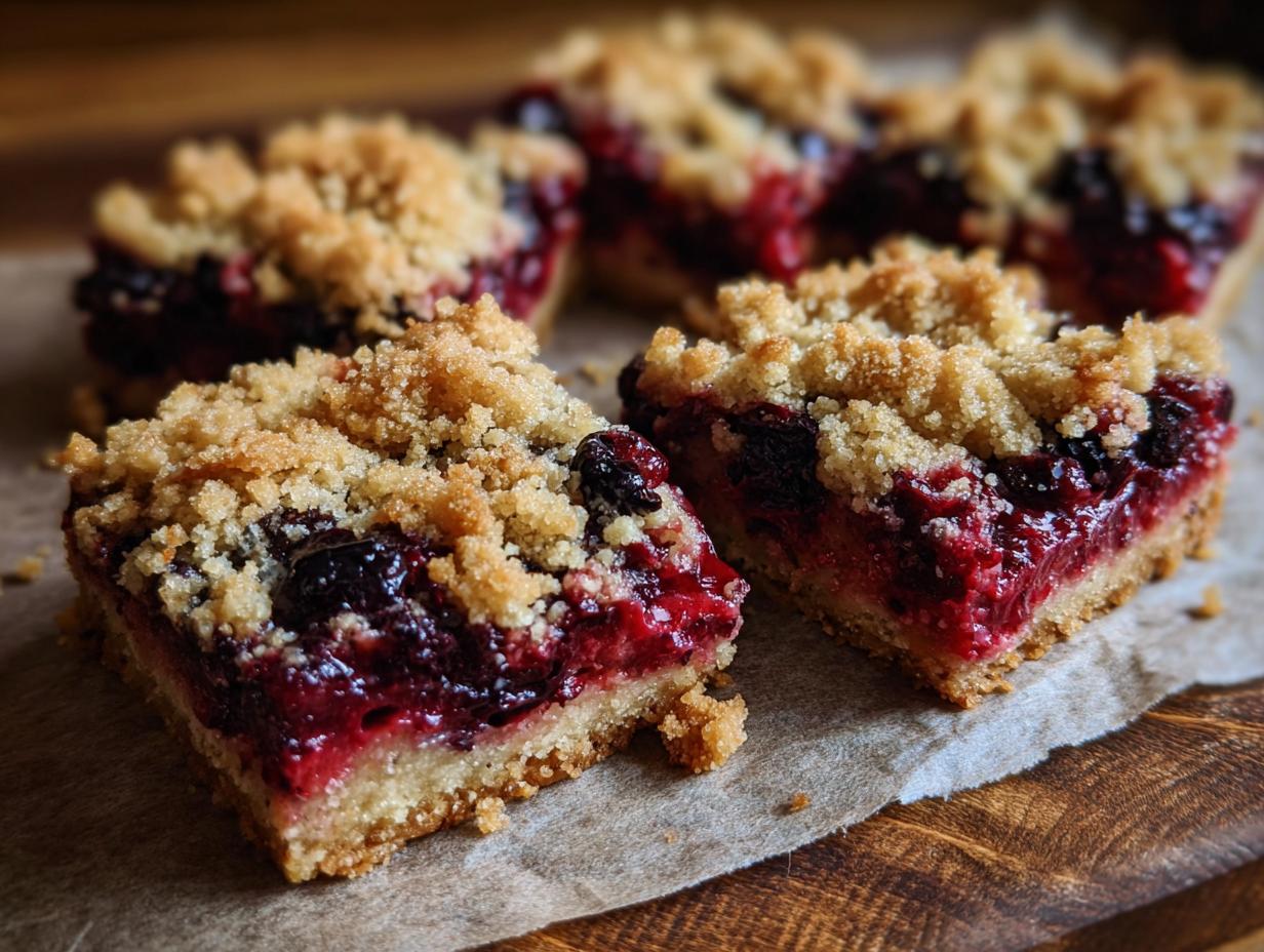 Close-up of several homemade berry crumble bars on parchment paper. Delicious berry crumble bars.