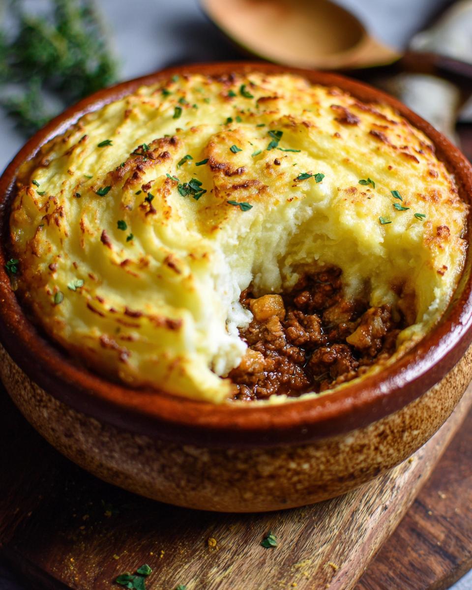 A delicious serving of The Best Easy Cottage Pie in a rustic bowl, showing the meat filling and mashed potato topping.