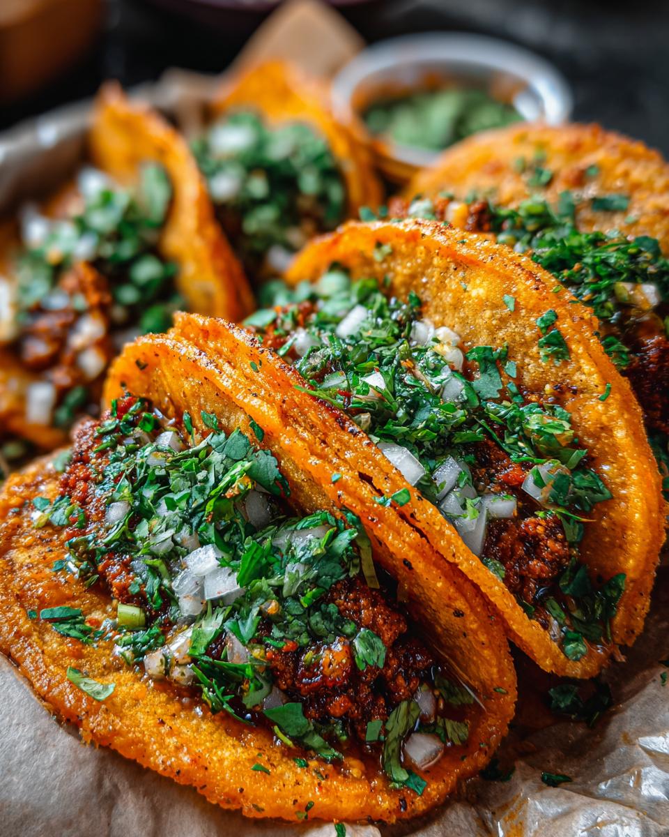 Close-up of several Birria Tacos filled with meat, onions, and cilantro.