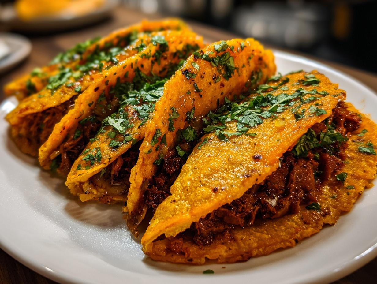 Close-up of The Birria Tacos on a white plate, garnished with fresh cilantro.