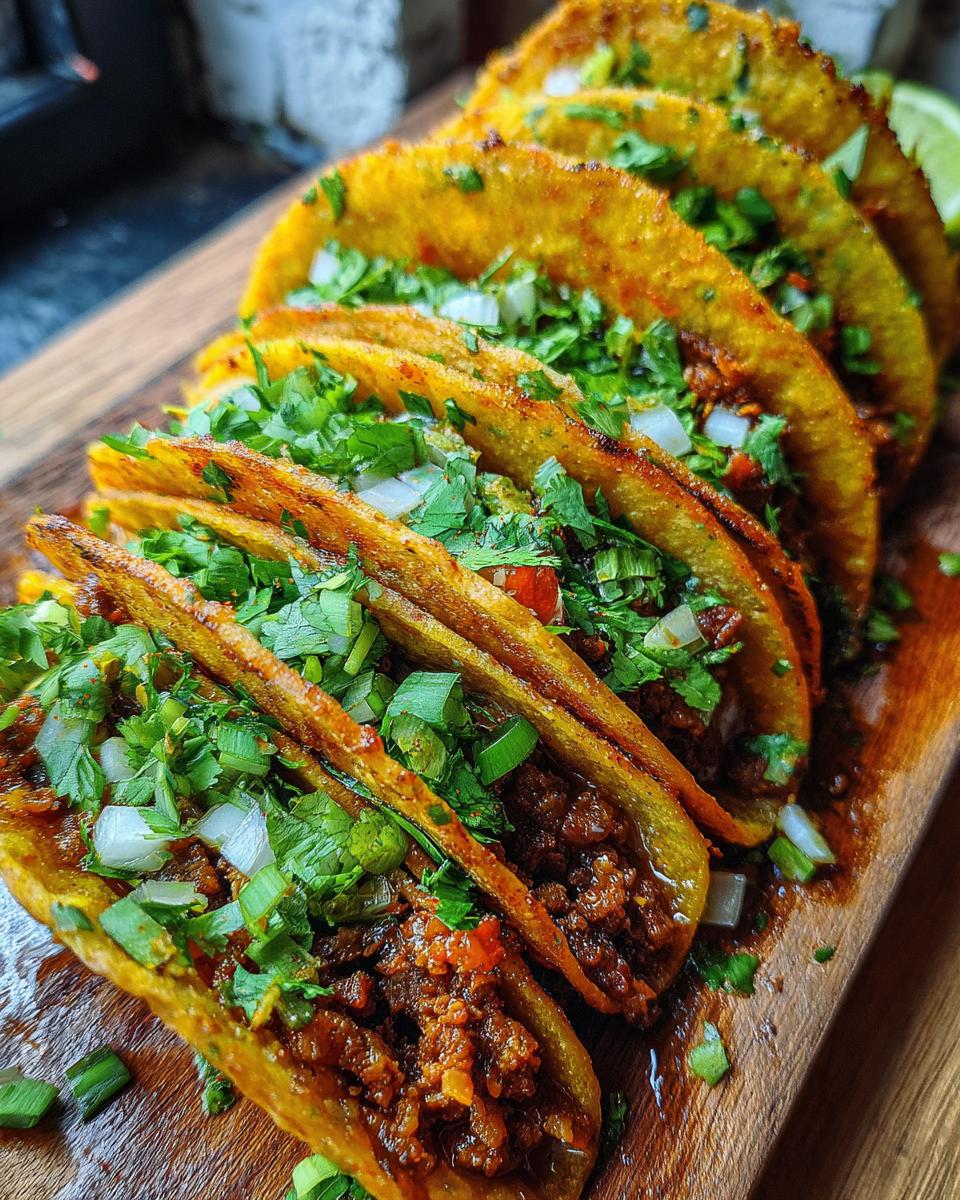 A mouthwatering row of The Birria Tacos, filled with meat and topped with cilantro and onions, on a wooden serving board.
