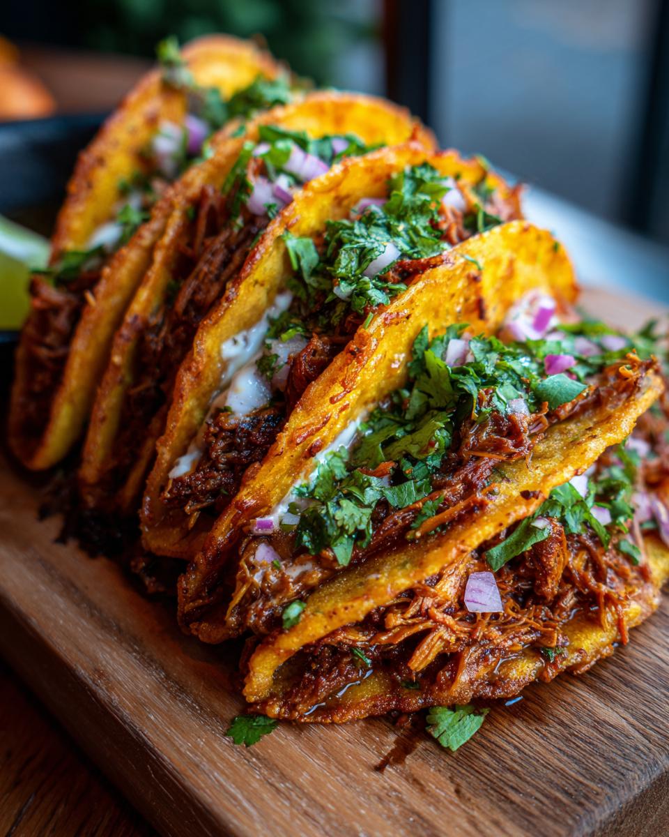A close-up of several Birria Tacos on a wooden board, garnished with cilantro and red onion.