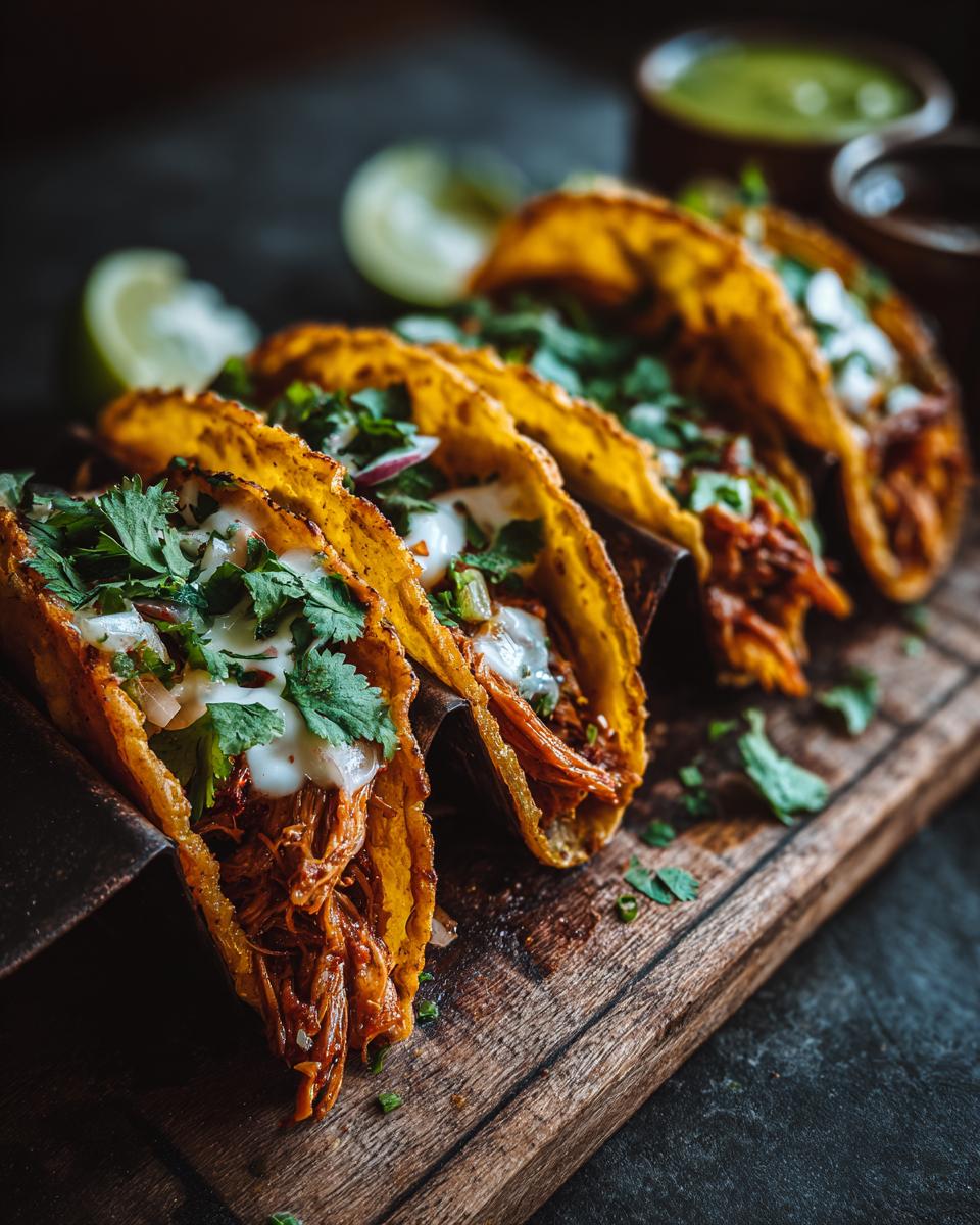 Four Birria Tacos filled with meat, cilantro, and sauce, served on a wooden board with lime.