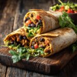 Stack of Black Bean Avocado Wraps on a wooden board, showing the filling of beans, avocado, and vegetables.