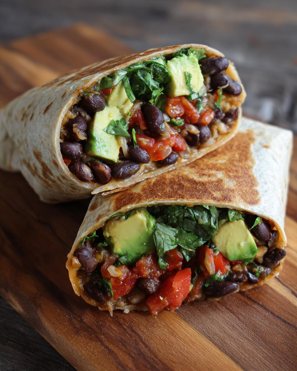 Two halves of a Black Bean Avocado Wraps showing the filling of black beans, avocado, tomatoes, and greens.