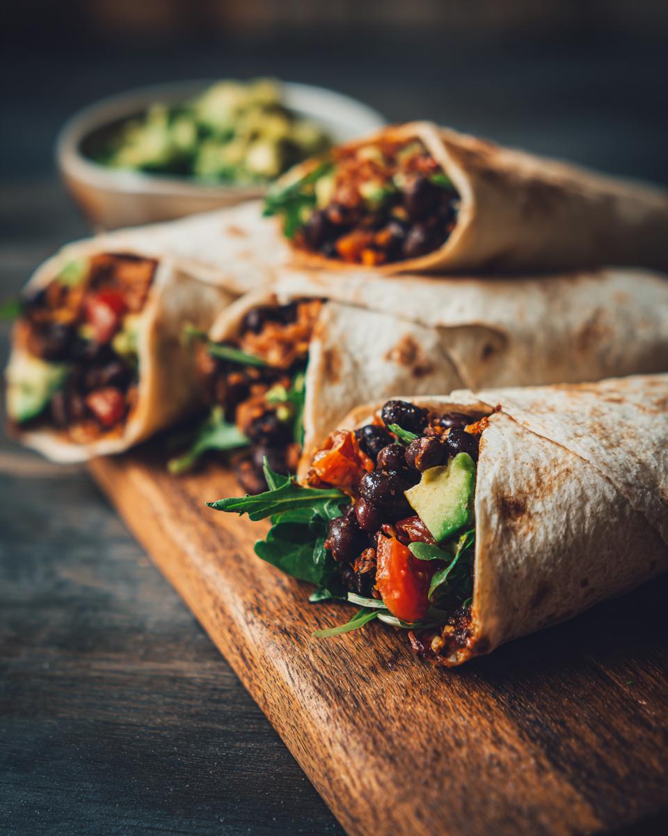 A stack of flavorful Black Bean Avocado Wraps on a wooden board, filled with fresh ingredients.