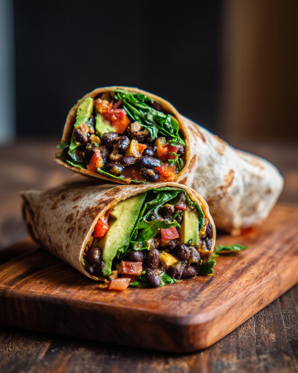 Two Black Bean Avocado Wraps stacked on a wooden board, showcasing the filling of black beans, avocado, and greens.