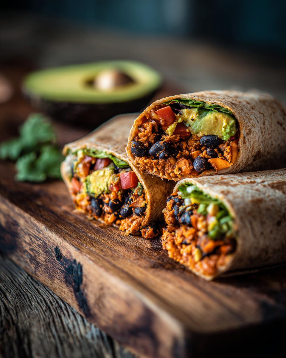 Three Black Bean Avocado Wraps cut in half on a wooden board, showcasing the filling of avocado, black beans, and vegetables.