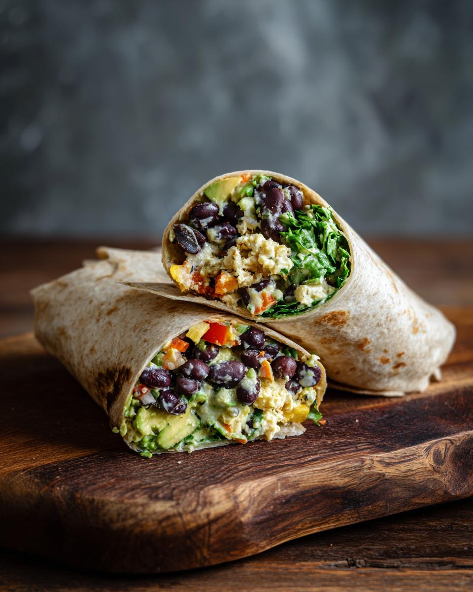 Two Black Bean Avocado Wraps cut in half on a wooden board, showing the filling of beans, avocado, and greens.