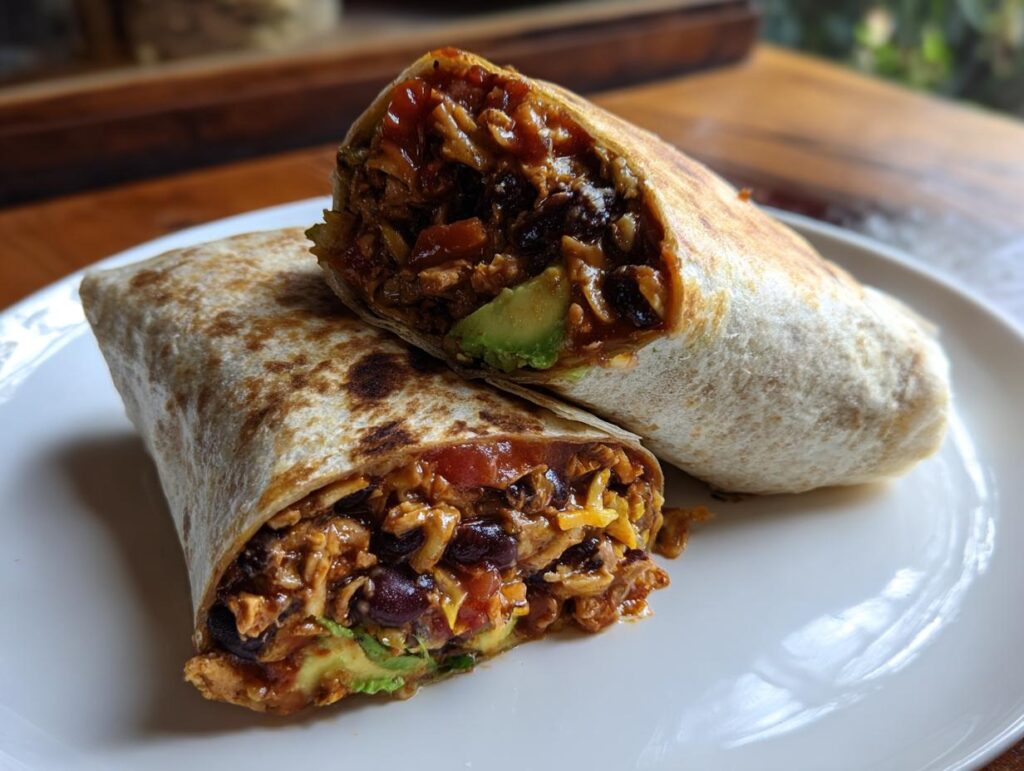 Two Black Bean Avocado Wraps, one cut in half to show the filling of black beans, avocado, and other ingredients.