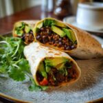 Two Black Bean Avocado Wraps on a plate, one cut in half to show the filling.