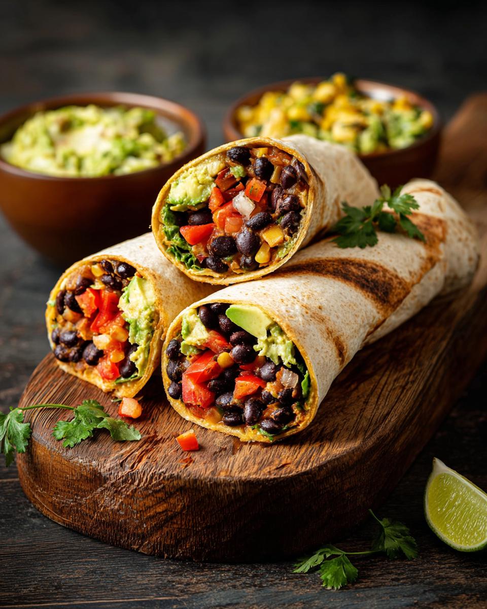 Three Black Bean Avocado Wraps on a wooden board, filled with fresh vegetables and beans.