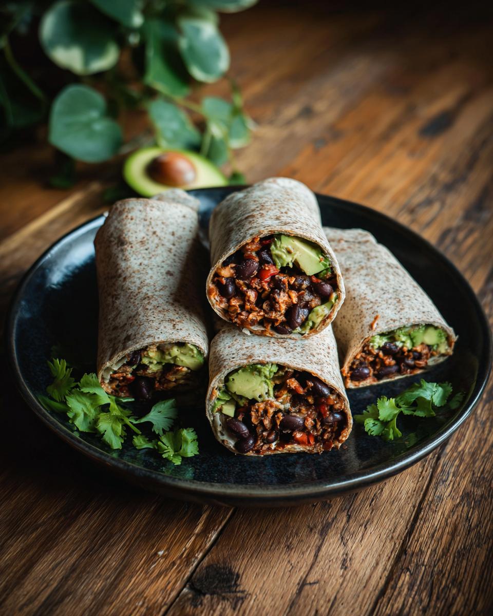 Four Black Bean Avocado Wraps stacked on a plate, garnished with cilantro.