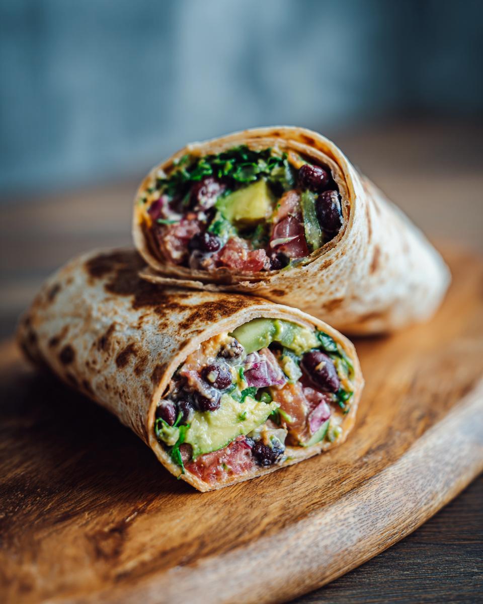 Two halves of a Black Bean Avocado Wraps showing the filling of black beans, avocado, tomato, and greens.