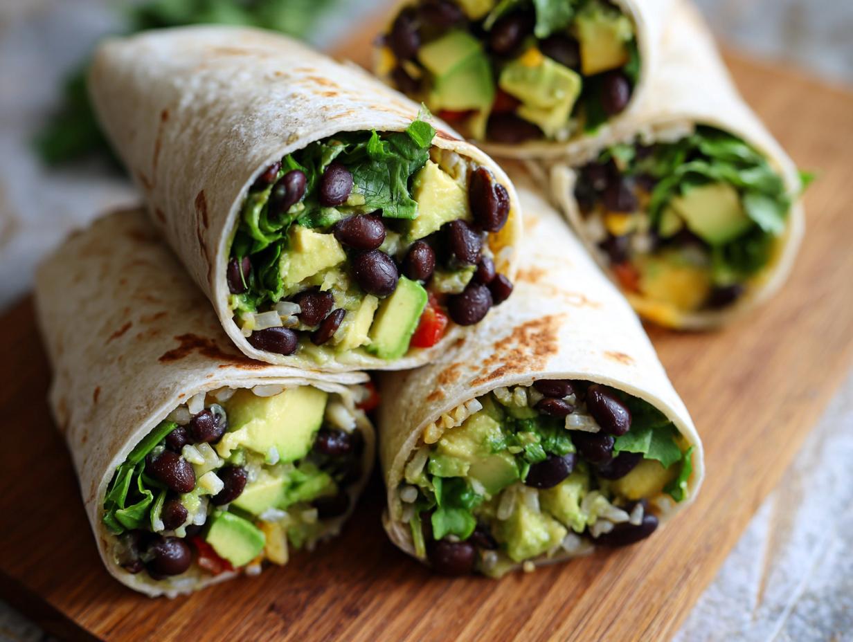 Four Black Bean Avocado Wraps stacked on a wooden board, showcasing the filling of beans, avocado, and greens.