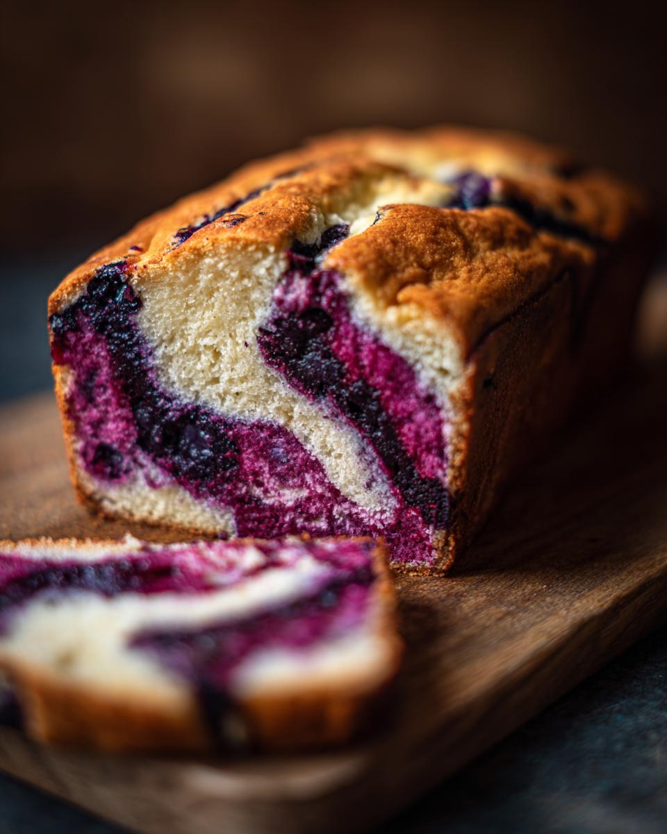 Close-up of a sliced loaf of Moist Blueberry Cream Cheese Swirl Bread, showcasing the beautiful swirl pattern.