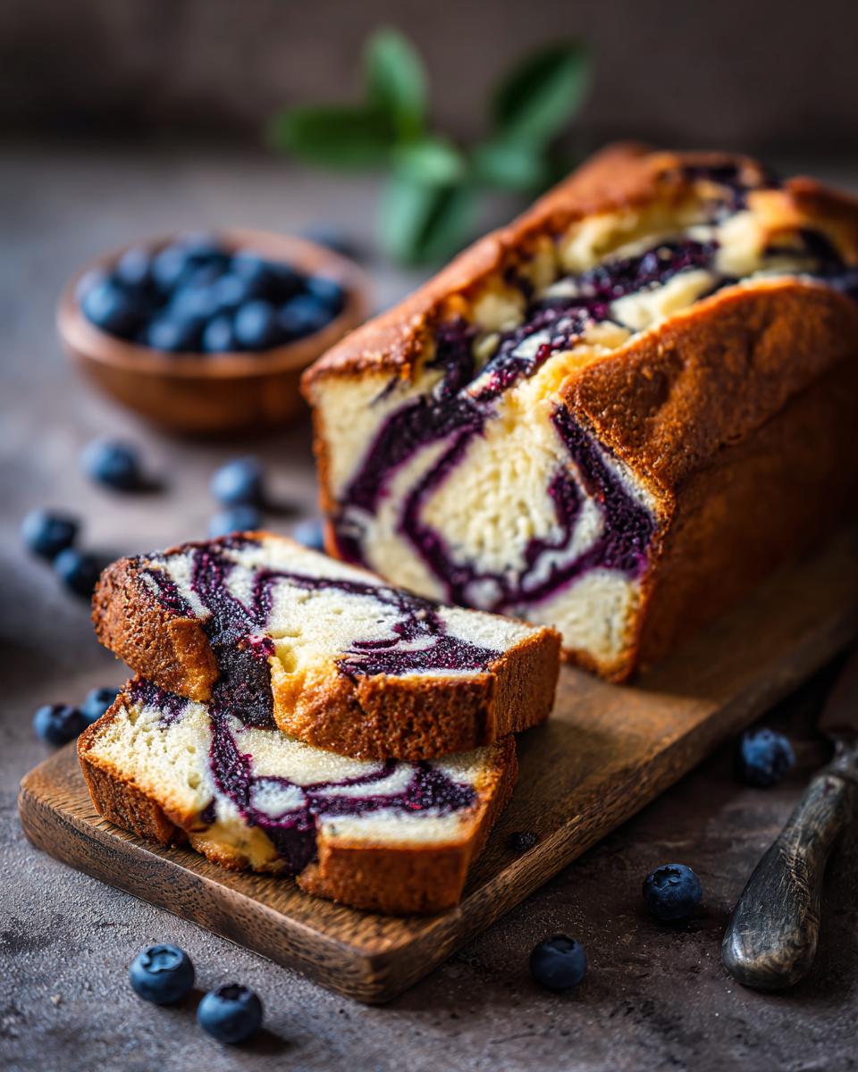 Slices of moist blueberry cream cheese swirl bread on a wooden board, with fresh blueberries scattered around.