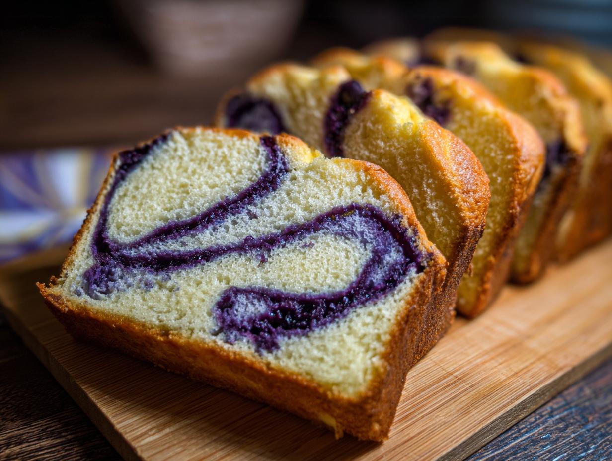 Slices of moist blueberry cream cheese swirl bread on a wooden board, showcasing the beautiful swirl pattern.