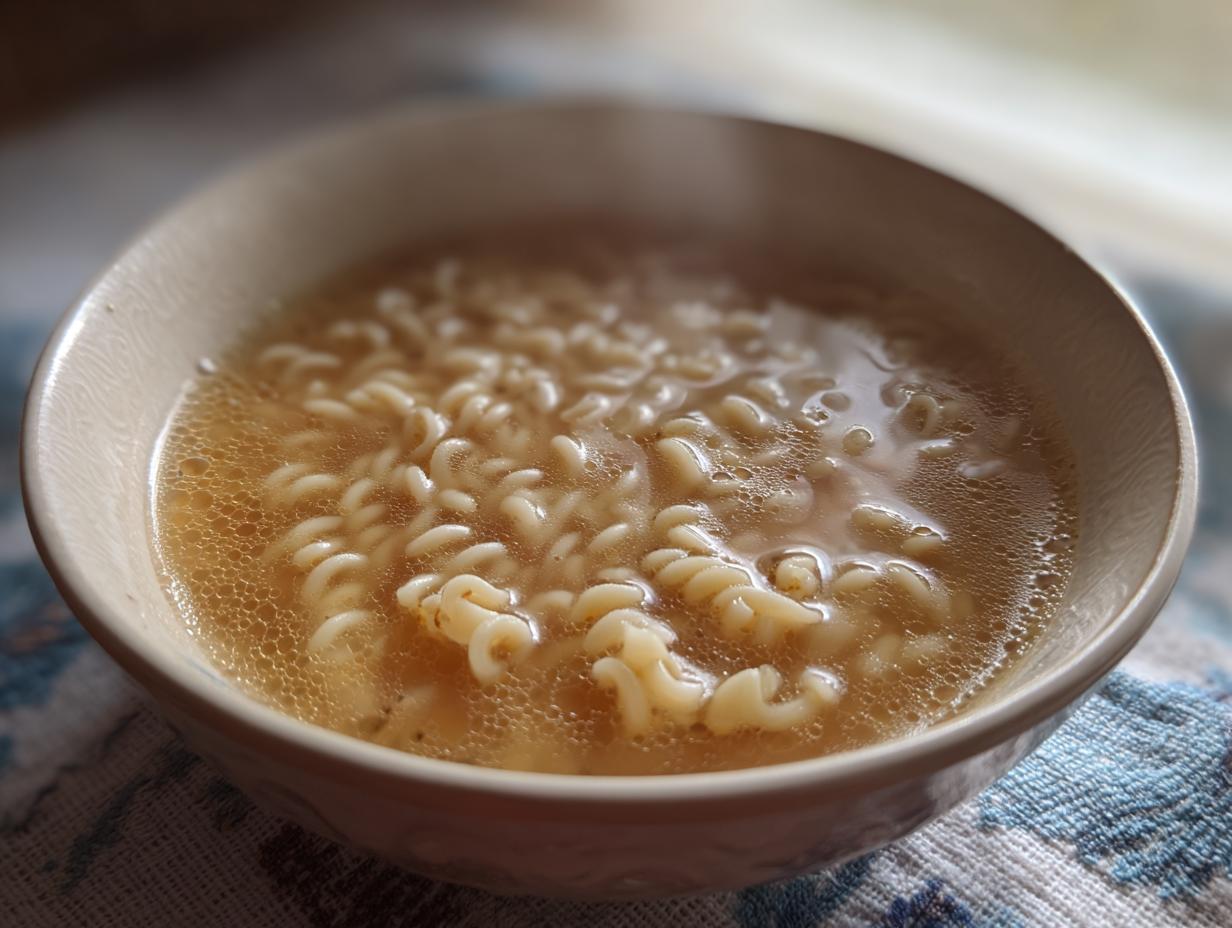 A bowl of Pastina Soup, featuring small pasta shapes in a clear broth, served on a patterned cloth.
