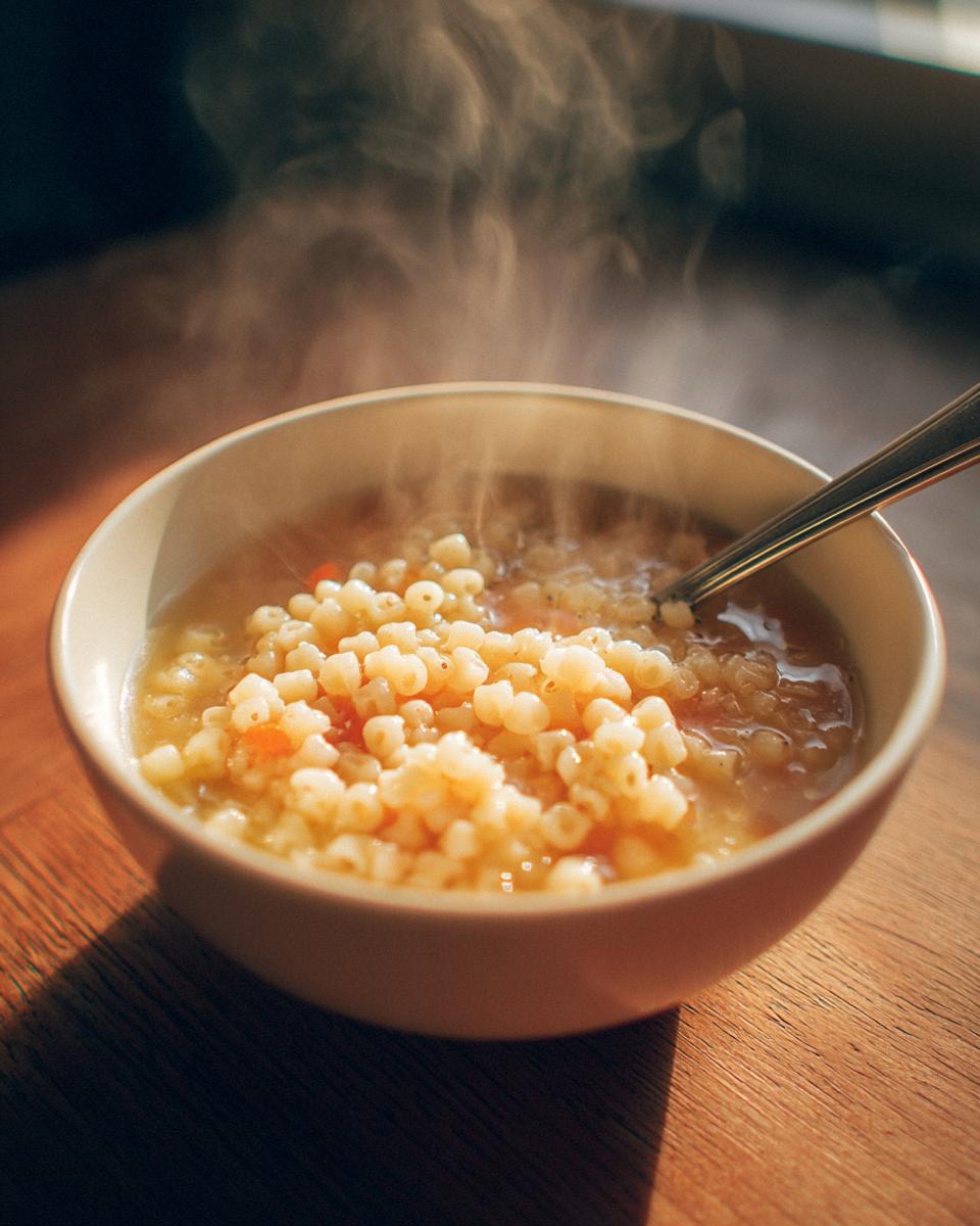 A steaming bowl of comforting Pastina Soup with a spoon, sitting on a wooden surface.
