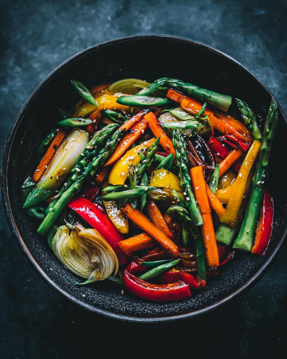 Overhead shot of a vibrant Broccoli Mushroom Stir Fry in a dark bowl with asparagus, carrots, and peppers.