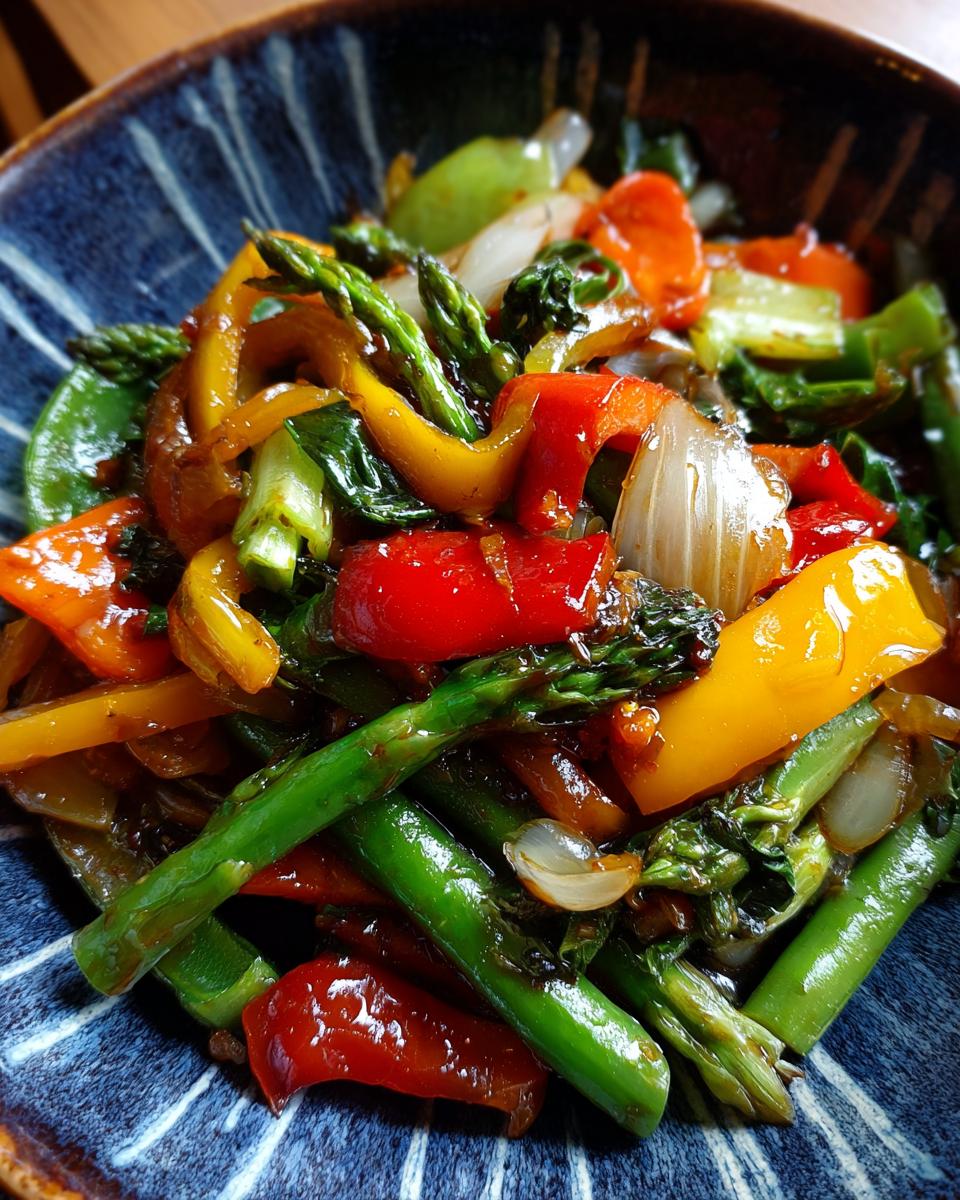 Close-up of a vibrant Broccoli Mushroom Stir Fry with asparagus, peppers, and onions in a blue bowl.