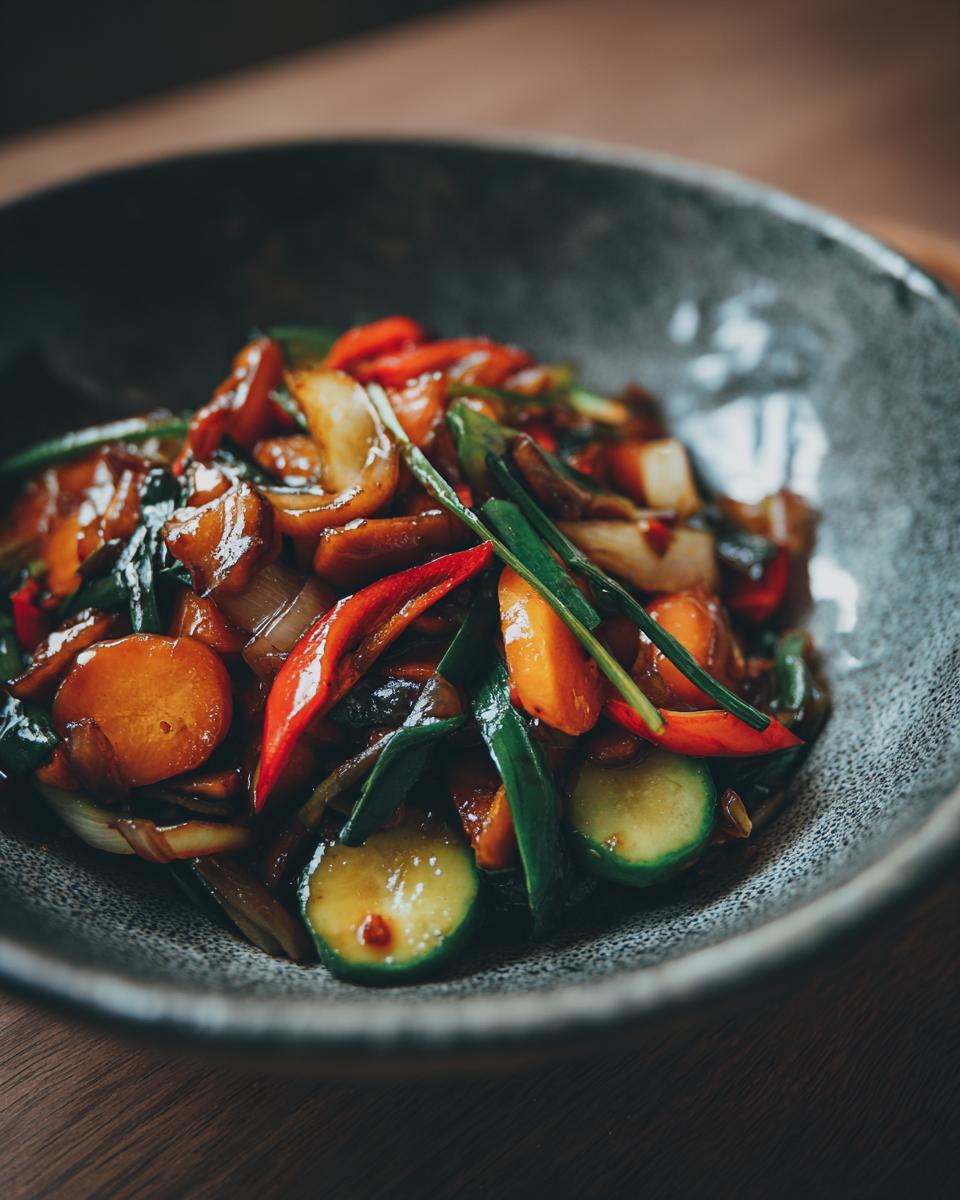 A bowl of colorful Broccoli Mushroom Stir Fry with carrots, zucchini, and red peppers.