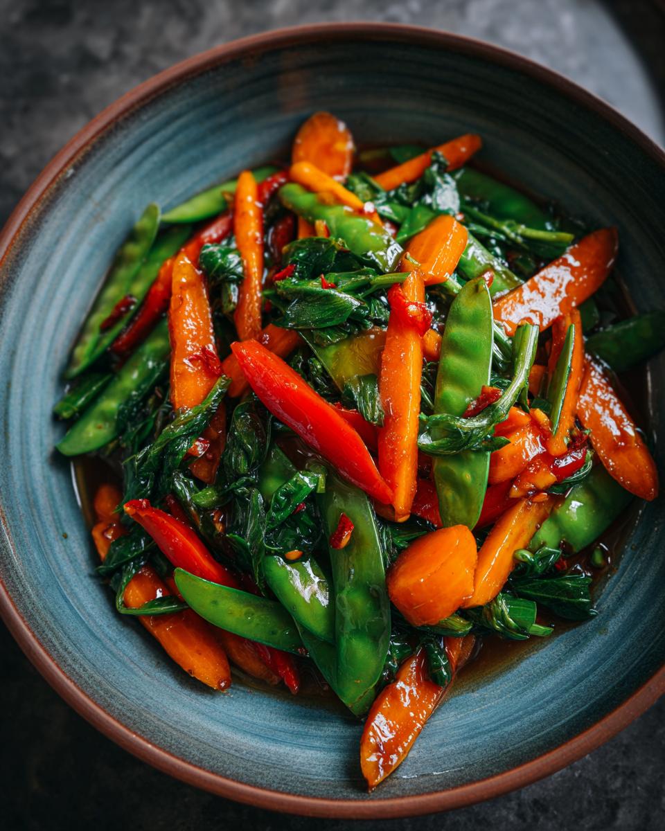 Close-up of Broccoli Mushroom Stir Fry with carrots, snow peas, and a savory sauce in a blue bowl.