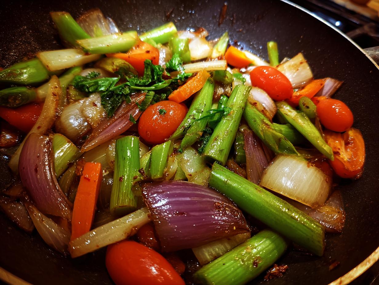 Close-up of a vibrant Broccoli Mushroom Stir Fry with broccoli, mushrooms, onions, carrots, and tomatoes in a pan.