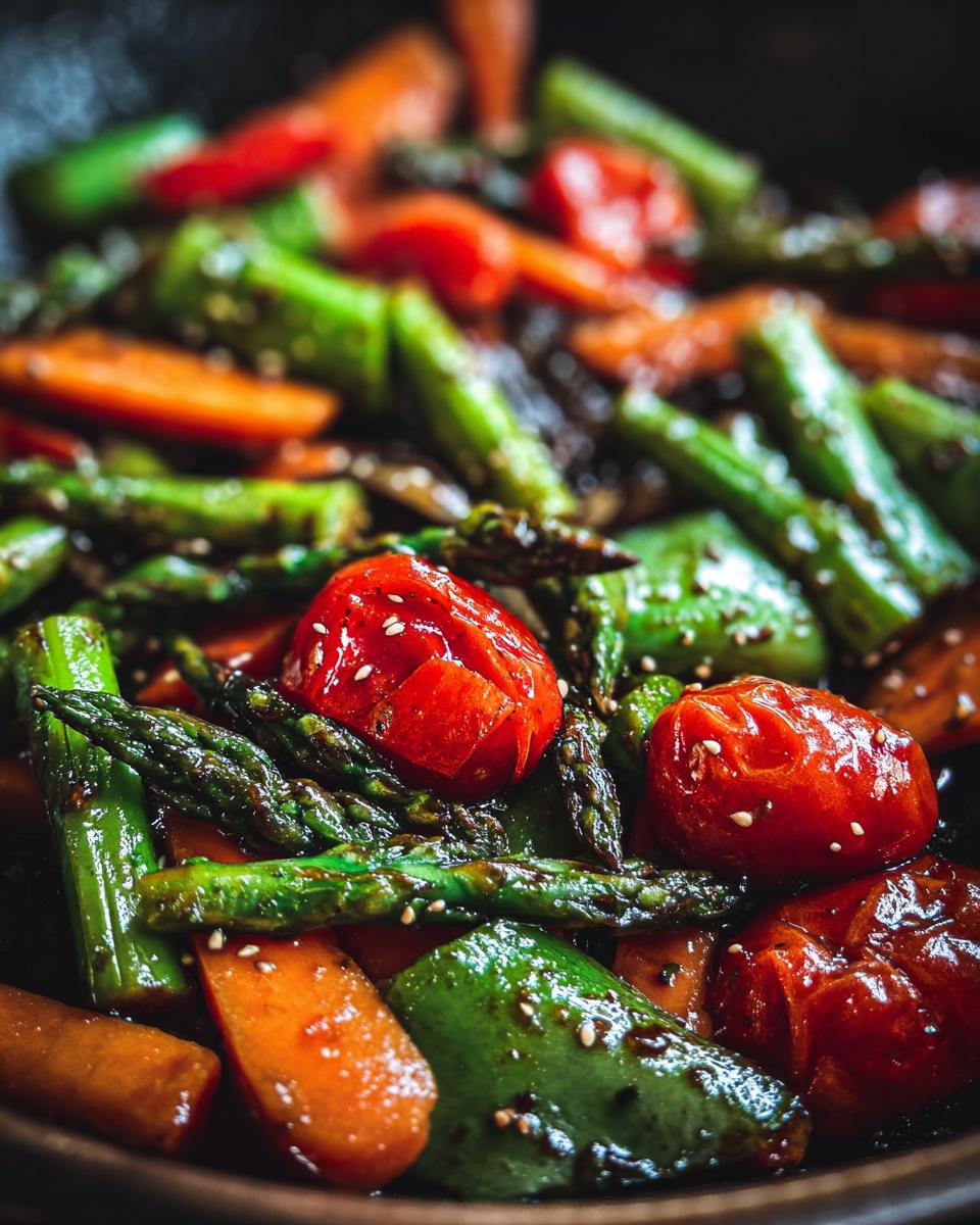 Close-up of Broccoli Mushroom Stir Fry featuring broccoli, mushrooms, carrots, tomatoes and sesame seeds.