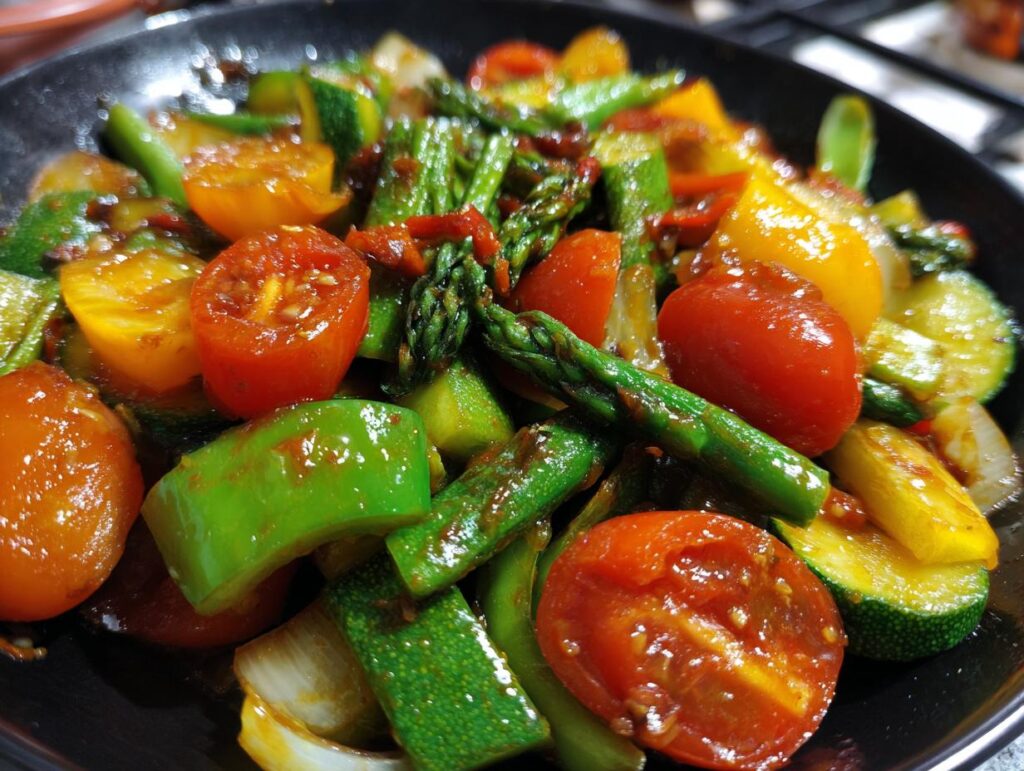 Close-up of a vibrant Broccoli Mushroom Stir Fry with tomatoes, zucchini, peppers, and asparagus.